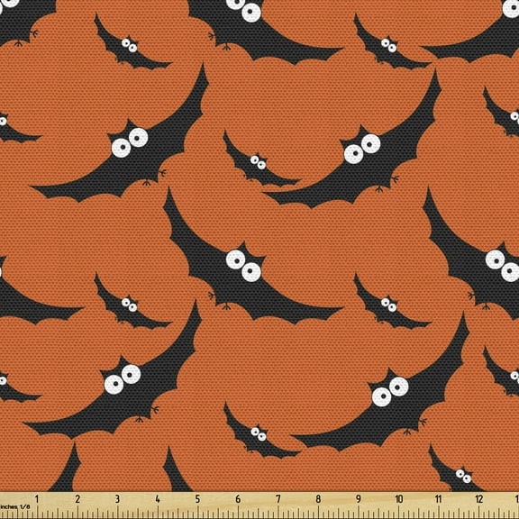 Ambesonne Halloween Fabric by the Yard Upholstery, Flying Bats Repetition, 5 Yards, Orange Grey
