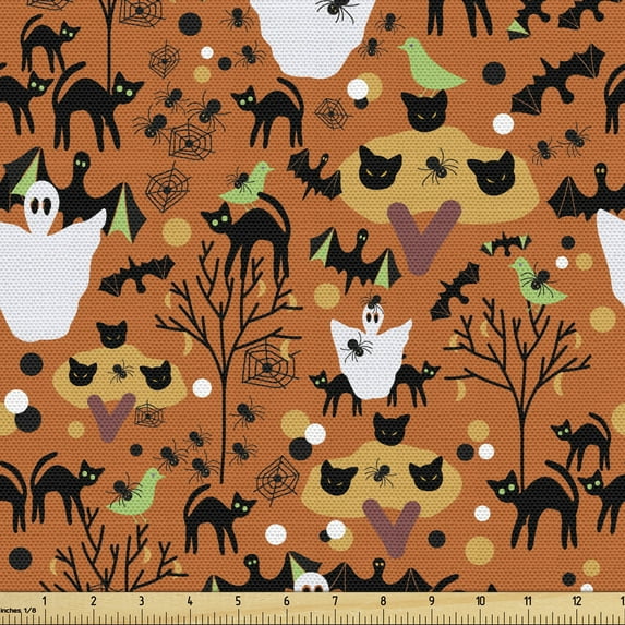 Ambesonne Halloween Fabric by the Yard Upholstery, Ghost Cats Bats Spiders, 3 Yards, Burnt Orange Multicolor