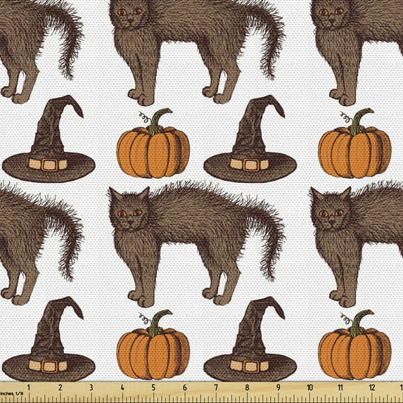 Ambesonne Halloween Fabric by the Yard Upholstery, Pumpkin Witch Hat Cat, 1 Yard, Brown Orange Green