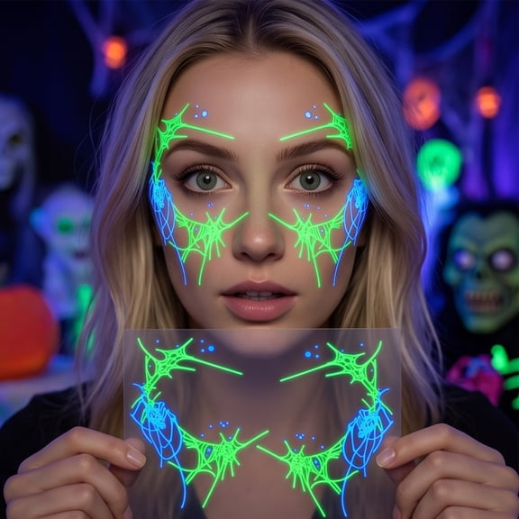 Halloween Glow Face Tattoos, UV Blacklight Lightning Spider Web Temporary Stickers with Bright Fluorescent Effect and Easy Application, Cosplay Party Makeup for Festival Nightclub Rave Events-C