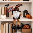 thumbnail image 1 of Halloween Faceless Gnome Doll, Striped Long-Leg Witch Hat with Broom Figurine, Spooky Tabletop Ornament for Home Party Home Shelf Mantel Decor, 1 of 5