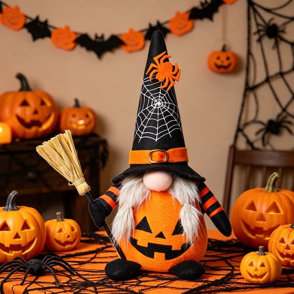 Halloween Faceless Pumpkin Gnome Decor Doll With Web Witch Hat Soft Fabric Tabletop Ornament 5.5 Inch 1 Count