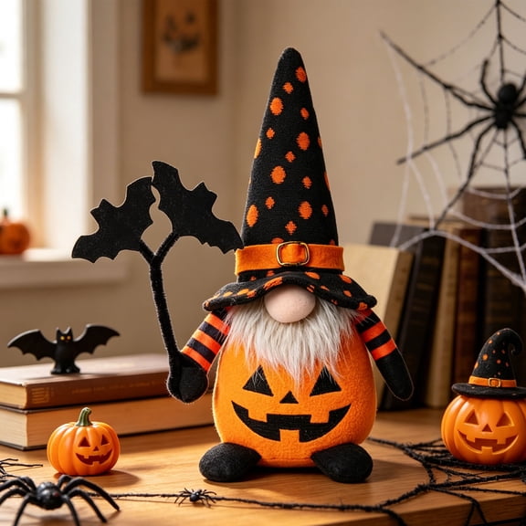 Halloween Faceless Pumpkin Gnome Stuffed Ornament Soft Lightweight Cloth Craft Spider Web Witch Hat Decor Stable Standable Design Dual Style Figure Cute Spooky Tabletop Indoor Home Holiday Accent