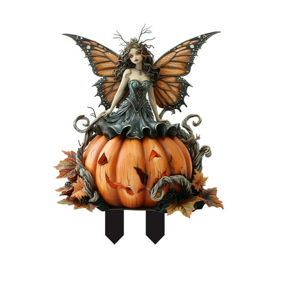 Halloween Fairy Figurine with Pumpkin and Autumn Leaves, Hand-Painted Fantasy Sculpture for Home Decor, Collectible Ornament