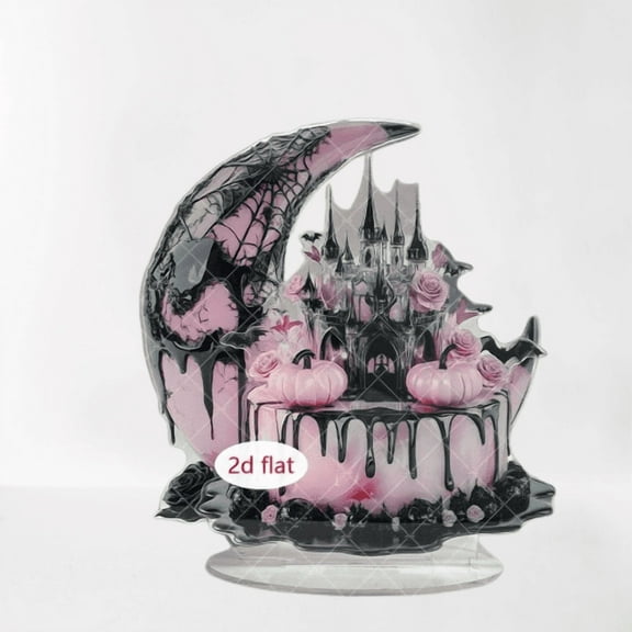 Taicans ‌Halloween Fairy Tale Crescent Moon Decor - 2D Flat Tabletop Ornament with Hanging Roses & Castle,Pink/Black,Romantic Home Decor for Bedroom/Living Room,Spooky Halloween Gift