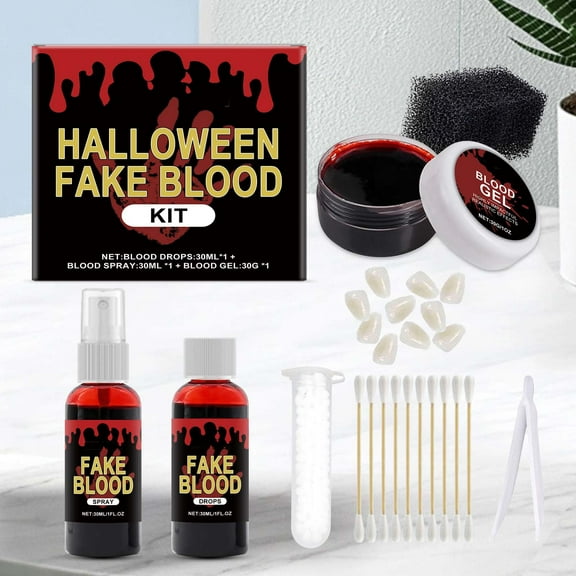 Halloween Fake Blood Kit with Plasma Drops and Spray, Horror Makeup Special Effects Props for Face and Body, Includes Cleansing Soap, 60ml Total