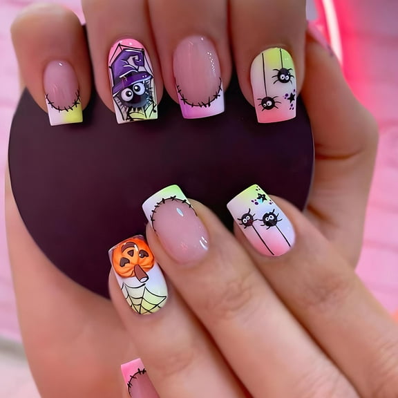 Halloween Fake Nails Square Press on Nails Glues on Nails Spiders False Nails Acrylic Nails for Manicure Decorations