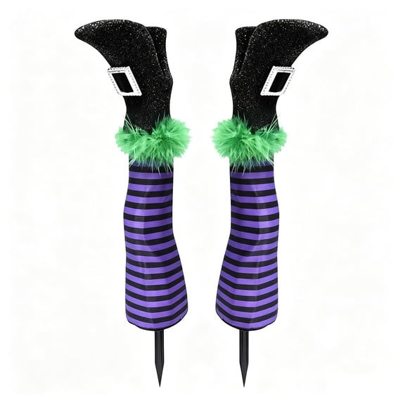 Halloween Fake Witch Legs Yard Stakes Glitter Shoes Purple Black Striped Stockings Outdoor Garden Decoration for Fall Yard Decor and Halloween Party Supplies