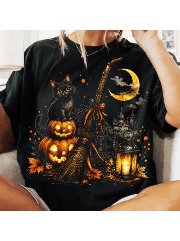 Halloween Fall Black Cat Jack Lantern Spooky Comfort Holiday T-Shirt, Size S-5XL