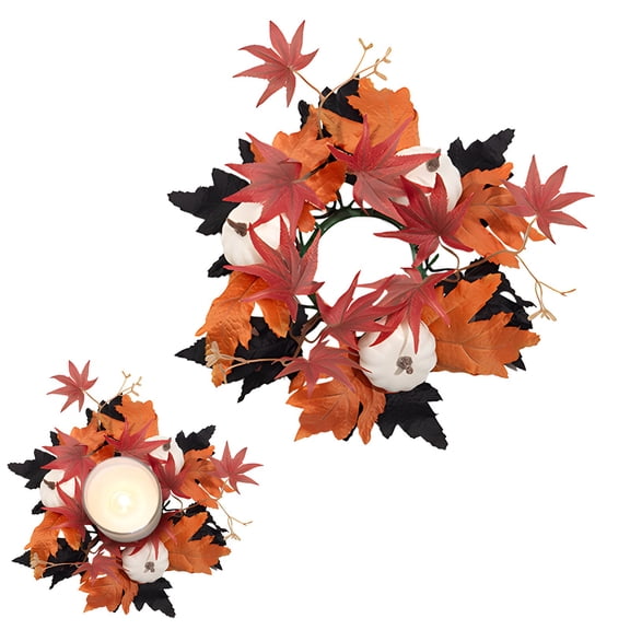 Halloween Fall Candle Ring Wreath with Maple Leaves Pumpkin for Pillar Candles Table Centerpiece
