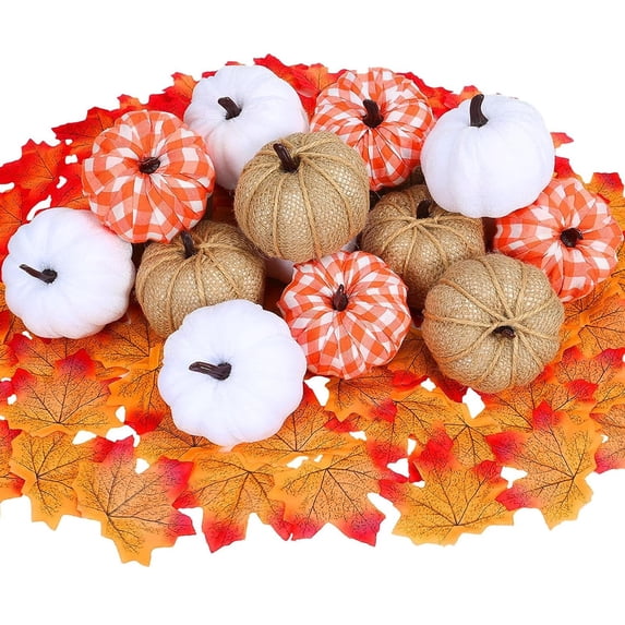 Halloween Fall Decor 12 Pcs 0-8 Inch Paintable Artificial Pumpkins Orange White Fabric Fake Pumpkins for Wedding Thanksgiving Halloween Home Garden Decor