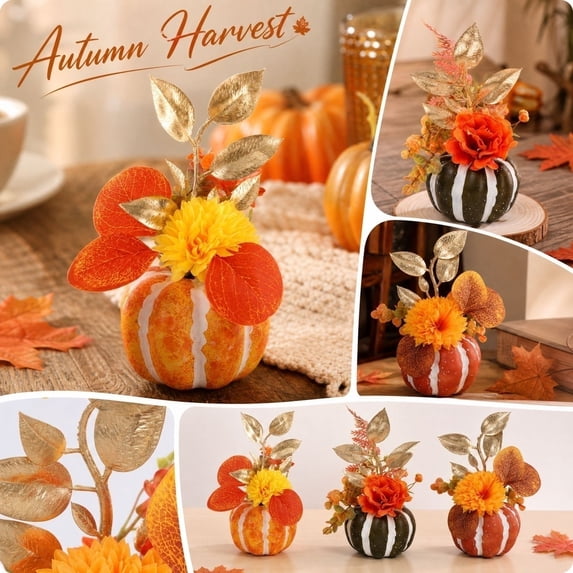 Halloween Fall Decor, Pumpkin Decorations for Home, Fall Floral Arrangement, Table Centerpiece, Green Stripe Speckled Fake Pumpkin Harvest Tabletop Prop with Artificial Fall