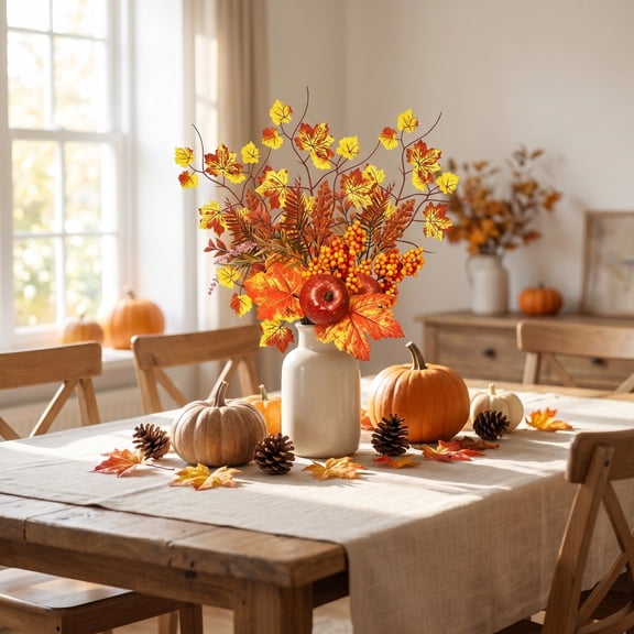 Halloween Fall Decorations Artificial Maple Leaves and Pumpkin Vase Cuttings Plastic Autumn Floral Arrangement for Indoor Home Office Decor Thanksgiving Centerpiece 21.26 x 7.87 x 1.97 Inch