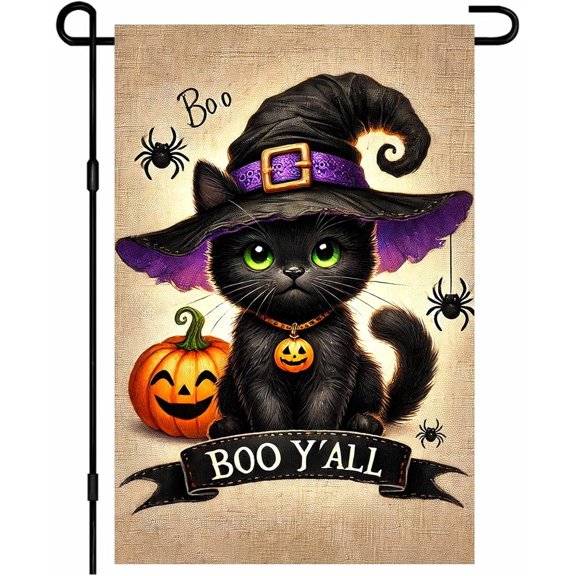 Halloween Fall Garden Flag 12x18 Inch Welcome Black Cat With Witch Hat Double Sided Outdoor Yard Banner With Pumpkin Boo Yall Lettering and Spiders for Porch Lawn