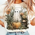 thumbnail image 1 of Halloween Fall Ghost T-Shirt, Girly Pumpkin Tee with Boho Floral Design, Autumn Vibes Shirt for Women, Spooky Season Trending Fall Outfit, 1 of 5