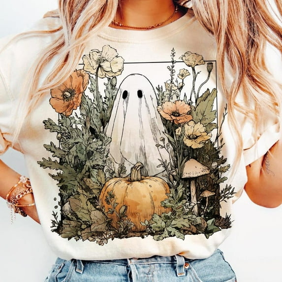 Halloween Fall Ghost T-Shirt, Girly Pumpkin Tee with Boho Floral Design, Autumn Vibes Shirt for Women, Spooky Season Trending Fall Outfit