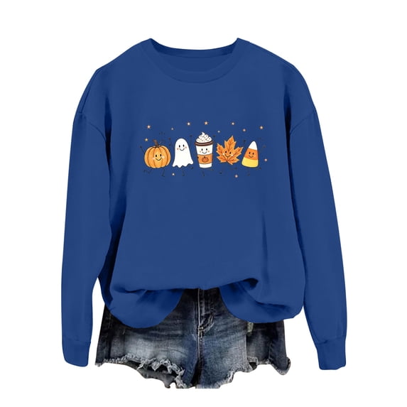 Halloween Fall Graphic Crewneck Sweatshirt Women's Relaxed Long Sleeve Pullover Top With Pumpkin Ghost Candy Corn Maple Leaf Coffee Star Print for Fall Holiday Outfit