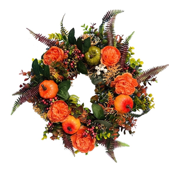 Halloween Fall Harvest Wreath 19.69×19.69 Inch Thanksgiving Peony Wreath Maple Leaf Pumpkin Rattan Door Hanging for Home Decor
