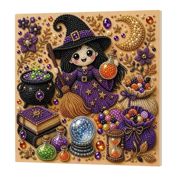 Halloween Fall Indoor Decor 9.84 Inch Special Shaped Diamond Art Painting Kit with Cute Witch Cauldron and Pearl Beads for Home Living Room Wall Entryway Decor