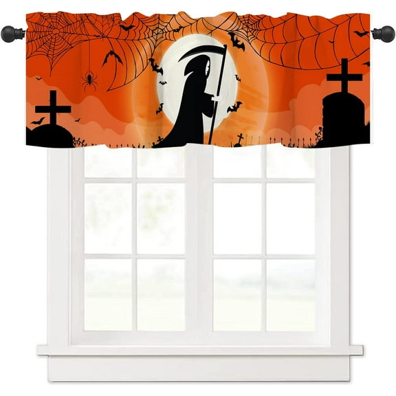Halloween Fall Kitchen Decor Curtains, Spider/Spider Web/Spooky/Bats Printed Short Tier Curtains for Kitchen Cafe Small Half Window Curtains for Bathroom, 54 X 18 Inch