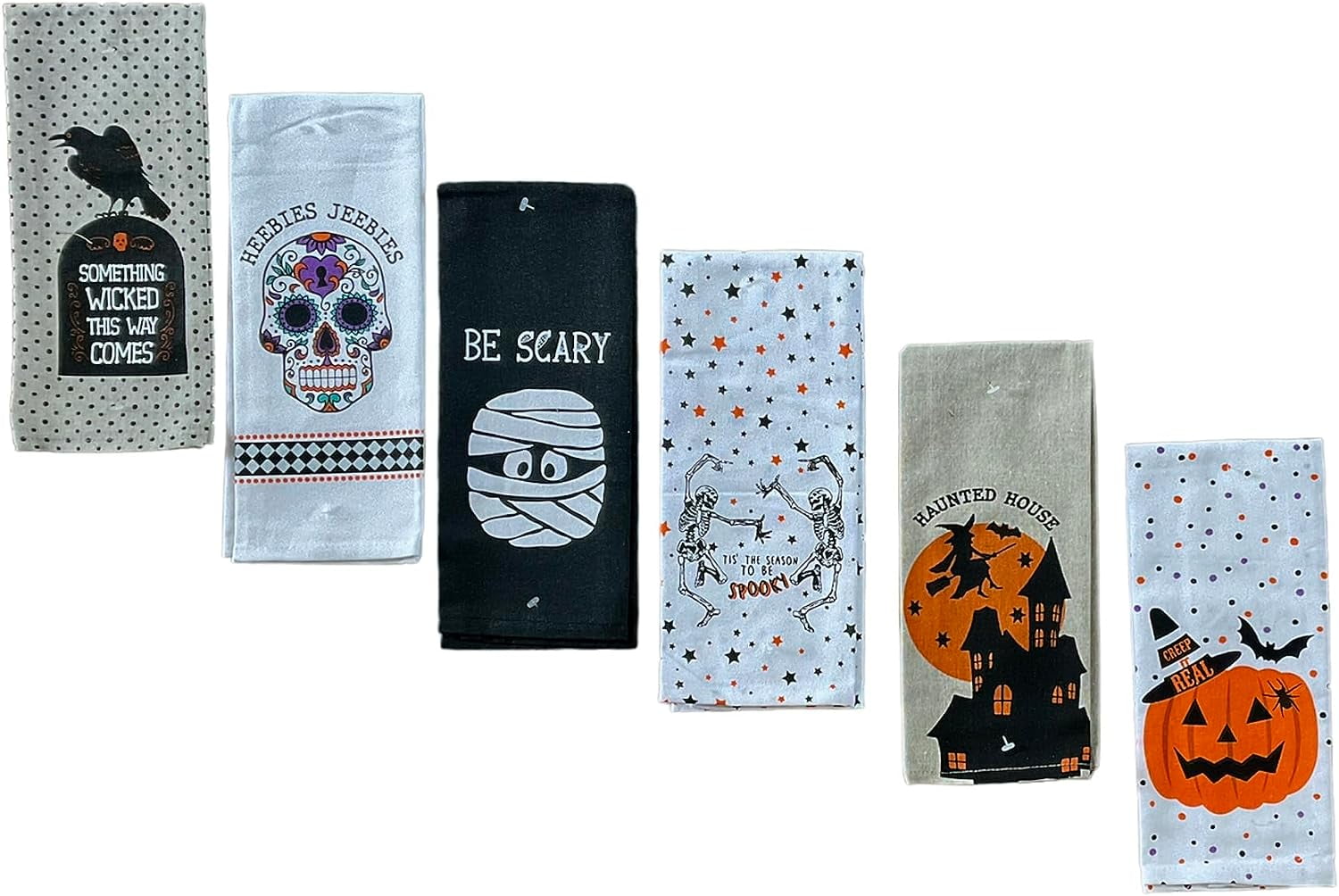 Halloween Fall Kitchen Tea Towels | 100% Cotton | Measures 15 x 25 | Set of 6 Towels Skulls, Witch, Mummy, Pumpkin, Skeleton