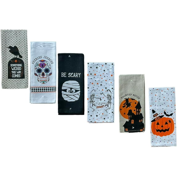 Halloween Fall Kitchen Tea Towels | 100% Cotton | Measures 15 x 25 | Set of 6 Towels Skulls, Witch, Mummy, Pumpkin, Skeleton