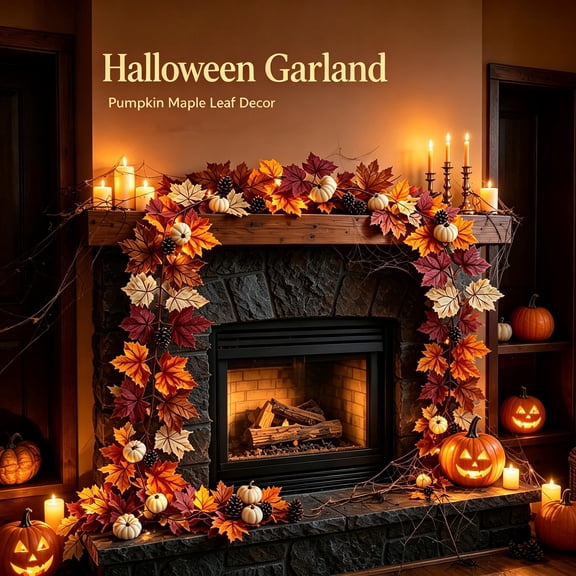 Halloween Fall Maple Leaf Garland with Pumpkins & Pine Cones, 6.5Ft Artificial Autumn Harvest Mantel Decor, Indoor Table, Stair Rail Seasonal Ornament for Thanksgiving Home Decoration
