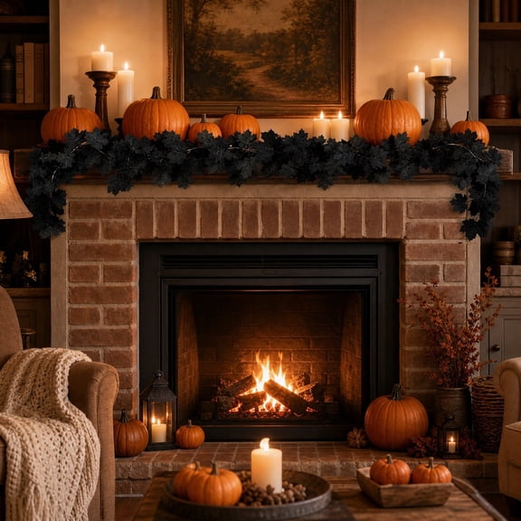 Halloween Fall Maple Leaves Garland Decorations, Artificial Black Maple Leaf Garland Gothic Decor, Halloween Thanksgiving Home Decor for Fireplace Mantel Table Wedding Party