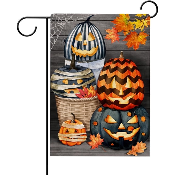 Halloween Fall Pumpkins Jack O Lantern Farmhouse Garden Flag Double Sided, Autumn Decorative Yard Outdoor Small Decor, Maple Leaves Burlap Home Outside Decoration 12 x 18