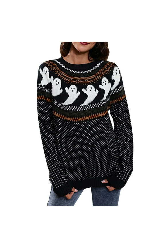 Halloween Fall Sweaters for Women 2022 Ugly Cute Ghost Long Sleeve Knit Crewneck Sweater Winter Pullover Sweaters