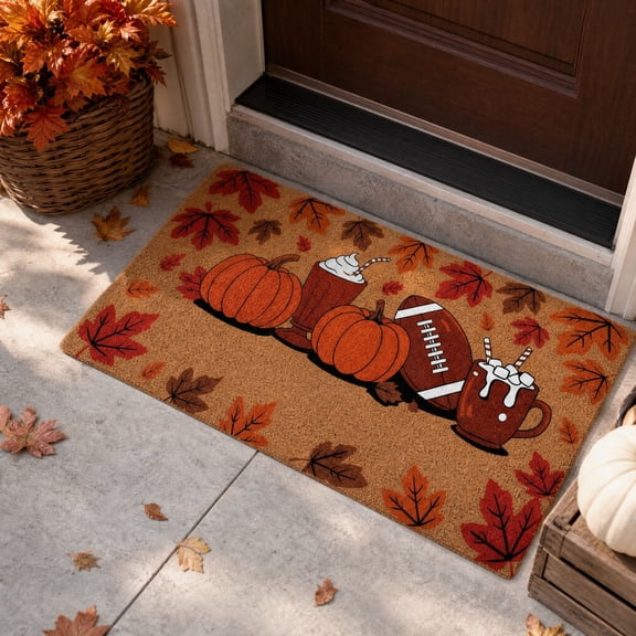 Halloween Fall Welcome Door Mat,31x20 Inch Maple Leaf Pumpkin Football Entry Rug,Non Slip Coir Style Doormat for Front Porch Indoor Outdoor
