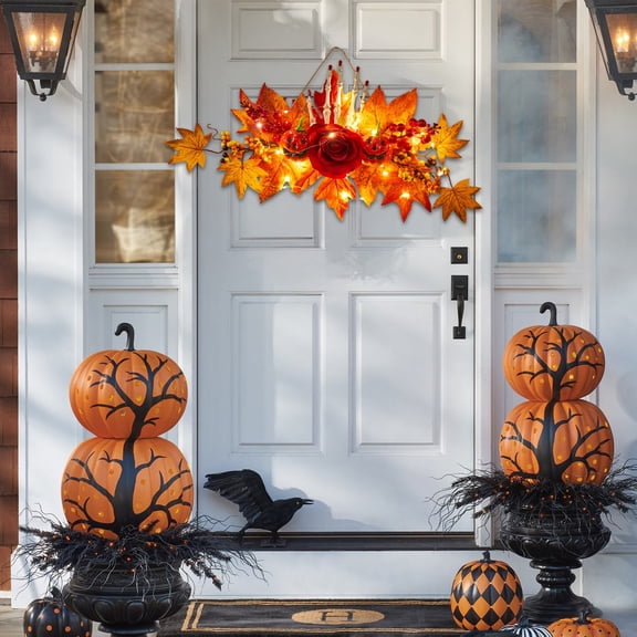 Halloween Fall Wreath for Front Door, Rustic Farmhouse Artificial Wreath with Plastic Pumpkins Maple Leaves Burlap Bow, Halloween Thanksgiving Harvest Decor for Porch Wall Indoor Outdoor