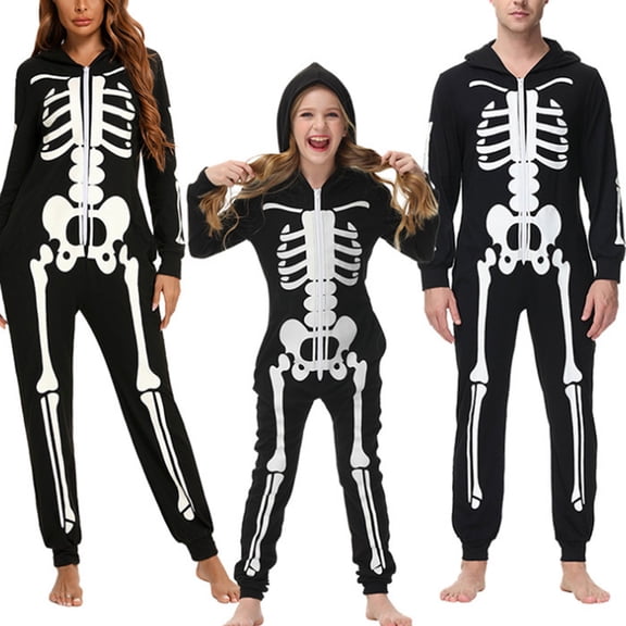 Halloween Family Matching Costume Pajamas Sets Skeleton Glow in Dark Hoodie Jumpsuit One Piece Long Sleeve Family Jammies