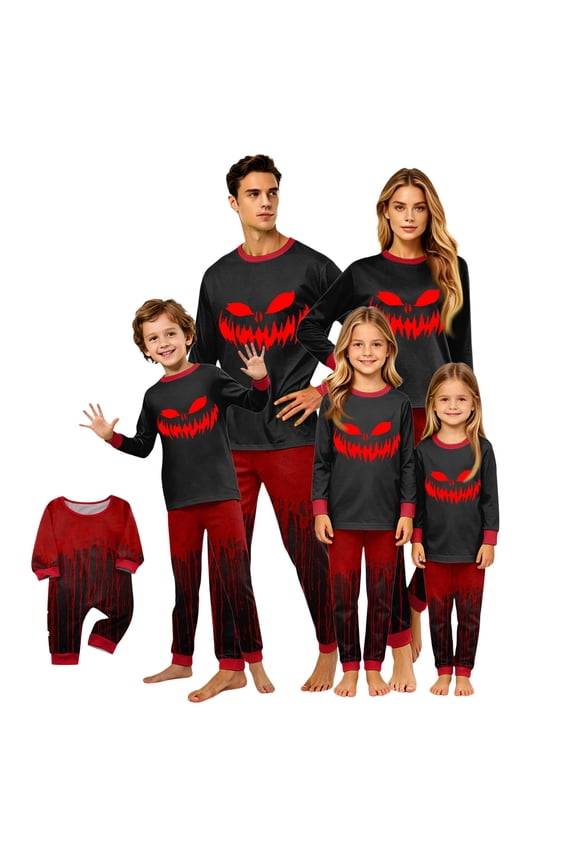 Halloween Family Matching Pajama Set, Evil Red Grin Graphic Long Sleeve Crew Neck Top & Dark Red Drip Effect Lounge Pants Sleepwear Men XL