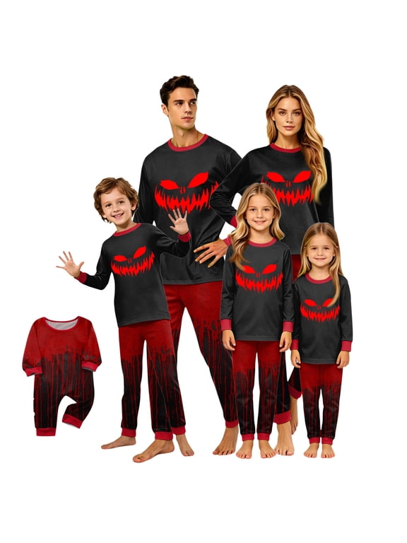 Halloween Family Matching Pajama Set, Evil Red Grin Graphic Long Sleeve Crew Neck Top & Dark Red Drip Effect Lounge Pants Sleepwear Women S