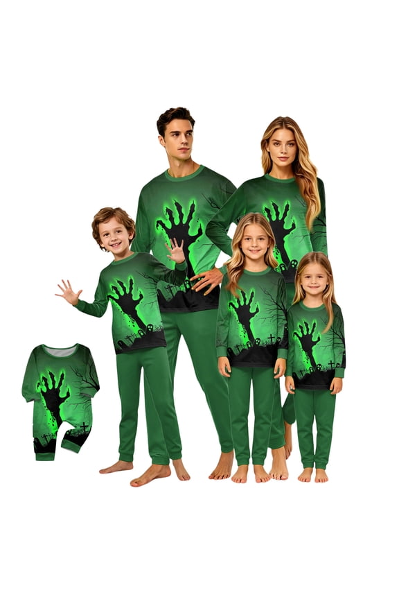 Halloween Family Matching Pajama Set, Green Zombie Hand Graphic Long Sleeve Crew Neck Top & Solid Lounge Pants Sleepwear Women XXL