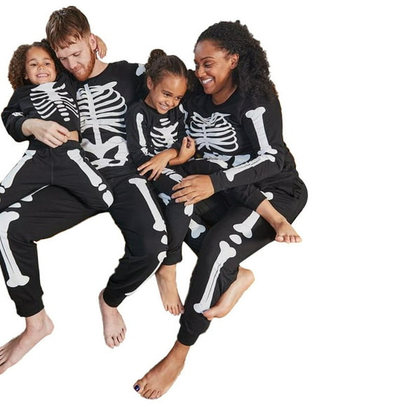 Halloween Family Matching Pajamas Adult Kids Skull Skeleton Print Long Sleeve Tops and Stretch Casual Pants Sleepwear