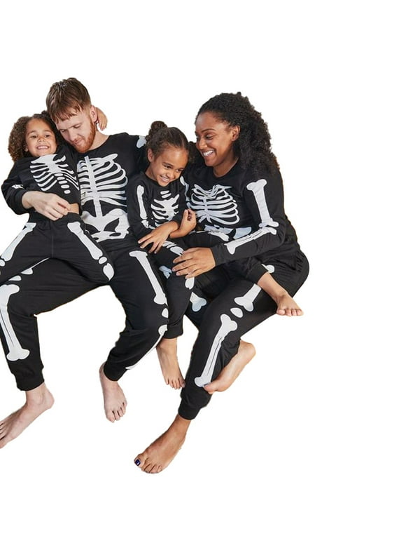 Halloween Family Matching Pajamas Adult Kids Skull Skeleton Print Long Sleeve Tops and Stretch Casual Pants Sleepwear