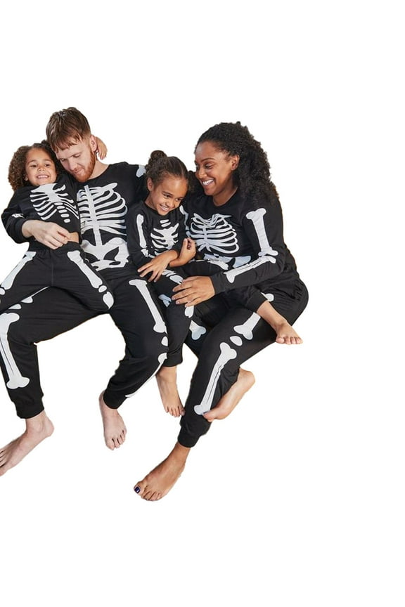 Halloween Family Matching Pajamas Adult Kids Skull Skeleton Print Long Sleeve Tops and Stretch Casual Pants Sleepwear