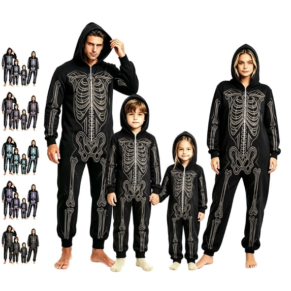 Halloween Family Matching Pajamas Novelty Skeleton Onesie Pajamas Hooded Zipper Jumpsuit Bodysuit Pjs Loungewear Featival Soft Family Pajamas