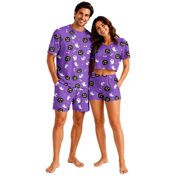 Halloween Family Matching Pajamas Sets, Halloween Cute Ghost Pumpkin Loungewear, Short Sleeve Top & Elastic Waist Shorts, Halloween Casual Couple PJS Festival for Home Relaxation Wear