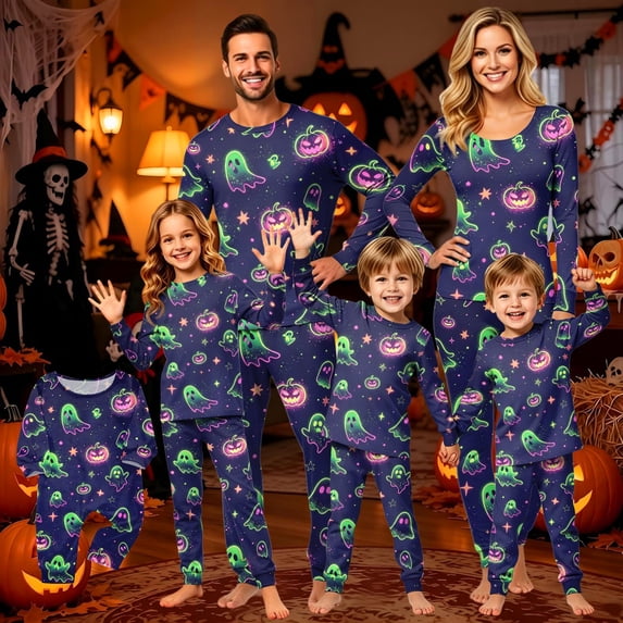 Halloween Family Matching Pajamas Sets, Halloween Family Loungewear, Ghost Pumpkin PJS Sleepwear, Halloween Seasonal Home Wear Relaxing Casual Loungewear for Family Indoor Leisure