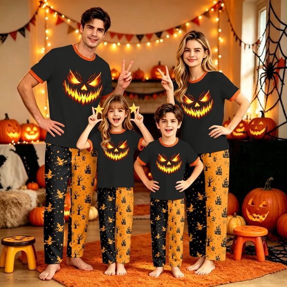Halloween Family Matching Pajamas Sets, Short Sleeve Top and Shorts Set Matching Sleepwear, Spooky Pumpkin Casual Home Pjs Loungewear, Holiday Party Daily Relaxation Nightwear for Family