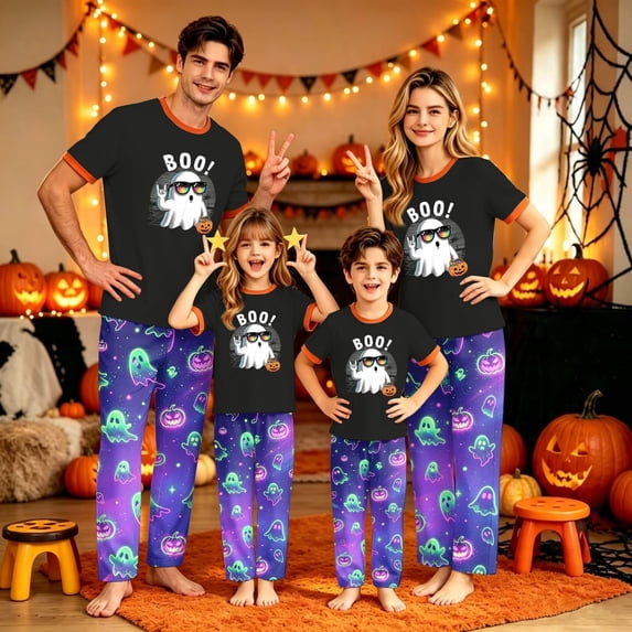 Halloween Family Matching Pajamas Sets, Short Sleeve Top and Shorts Set Matching Sleepwear, Spooky Pumpkin Casual Home Pjs Loungewear, Holiday Party Daily Relaxation Nightwear for Family