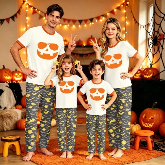 Halloween Family Matching Pajamas Sets, Short Sleeve Top and Shorts Set Matching Sleepwear, Spooky Pumpkin Casual Home Pjs Loungewear, Holiday Party Daily Relaxation Nightwear for Family