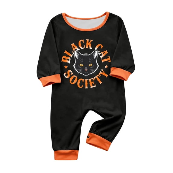 Halloween Family Matching Pajamas Short Sleeve Black Cat Print Top Pumpkin Ghost Pattern Long Pants Family Sleepwear Set