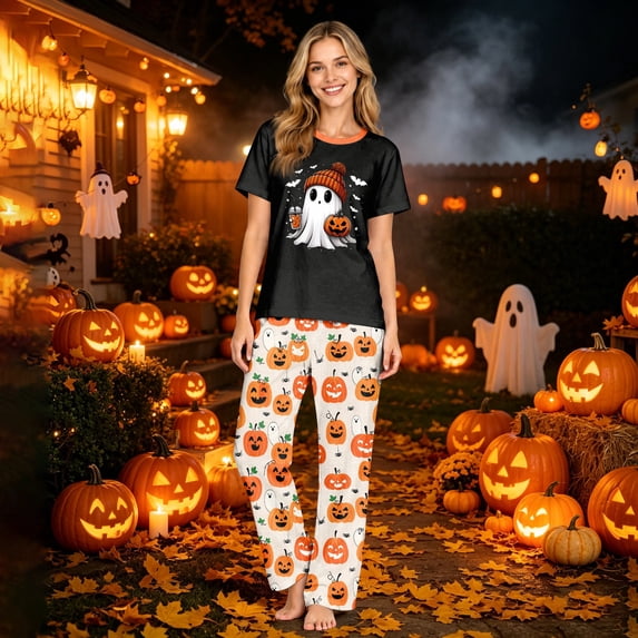 Halloween Family Matching Short-Sleeve Pajamas Ultra-Soft Graphic Print Sleepwear Festive Loungewear Outfits for Parents Fall Season