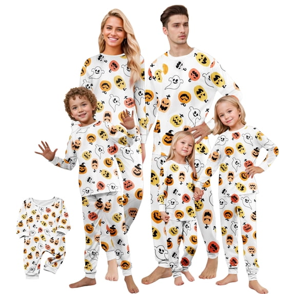 Halloween Family Pajamas Matching Set - 2 piece Ghost Pumpkin Printed Long Sleeve Top Pants Outfit Set for Halloween Nights for L Pjs