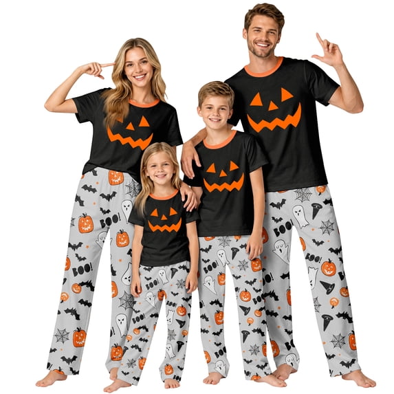 Halloween Family Pajamas Matching Set - 2 piece Pumpkin Face Short Sleeve Top and Pants Sleepwear,Cartoon Spooky Theme Halloween Pajamas for Family Photos for M Pjs