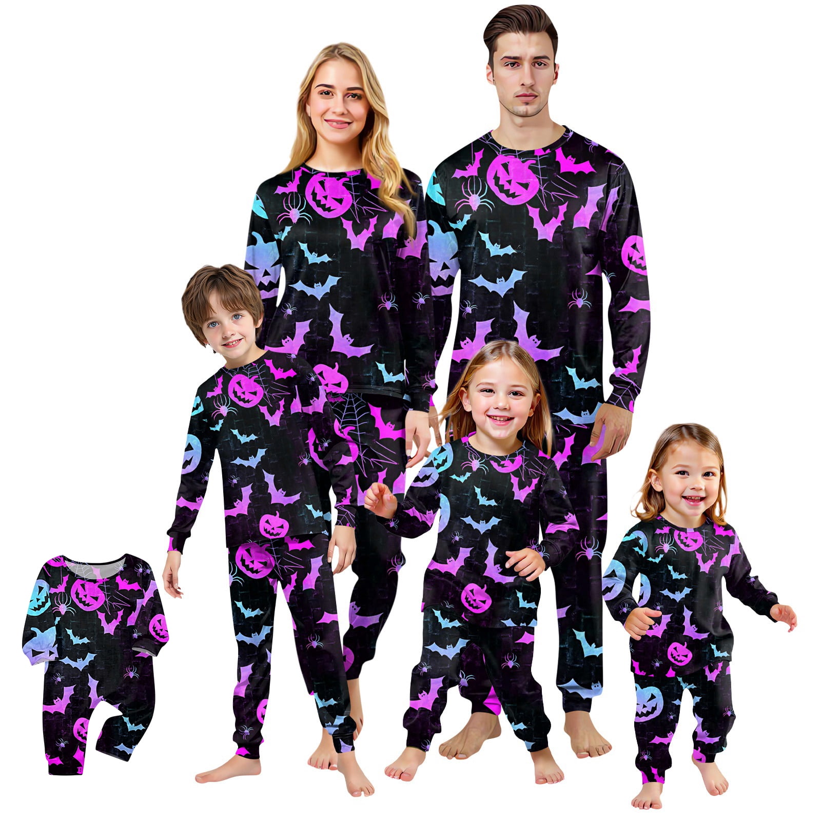 Halloween Family Pajamas Matching Set - Black Long Sleeve Top with Bat ...